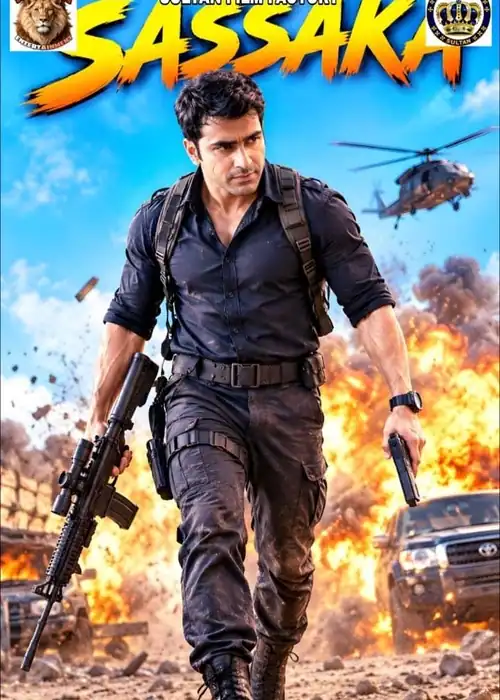 Indian Hausa Films Sassak movie poster with a man holding a gun, explosions, and helicopter in background. | Arewa Movies TV