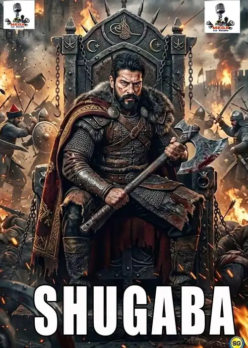 Indian Hausa Films Shugaba movie poster featuring a warrior king on a throne amid battle scenes. | Arewa Movies TV