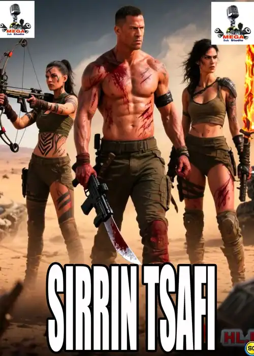 Indian Hausa Films SIRRIN TSAFI MEGA movie poster with three armed characters in a desert scene. | Arewa Movies TV