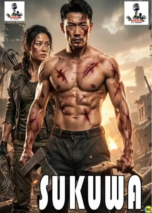Indian Hausa Films SUKUWA MEGA movie poster with a muscular man and a woman in a destroyed city background. | Arewa Movies TV