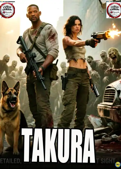 Indian Hausa Films Takura movie poster with a man and woman holding guns, surrounded by zombies and a dog. | Arewa Movies TV