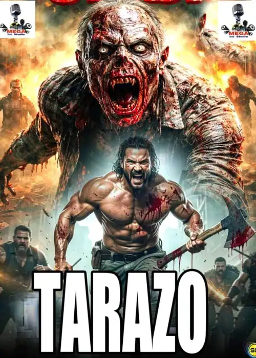 Indian Hausa Films Tarazo movie poster featuring a zombie and a muscular man with a weapon. | Arewa Movies TV