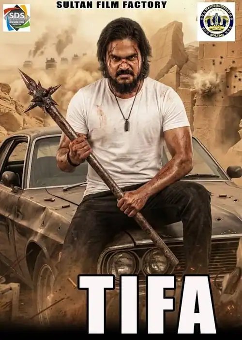 Indian Hausa Films TIFA movie poster featuring a man with a beard holding a spear, sitting on a car in a desert setting. | Arewa Movies TV