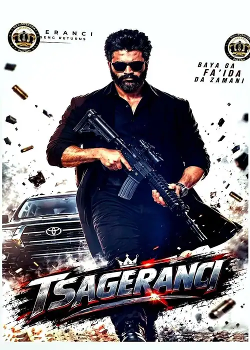 Indian Hausa Films Main character with sunglasses holding a gun in front of a car in TSAGERANCI SULTAN poster. | Arewa Movies TV