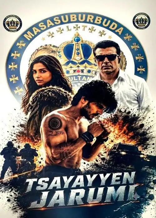 Indian Hausa Films Tsayayyen Jarumi movie poster with three characters, a crown, and military figures. | Arewa Movies TV