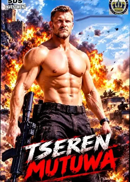 Indian Hausa Films Main character shirtless with gun, explosion background, Tseren Mutuwa poster. | Arewa Movies TV