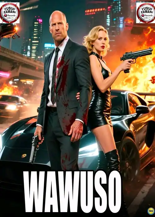 Indian Hausa Films WawuSo movie poster with a man and woman holding guns in a city at night. | Arewa Movies TV