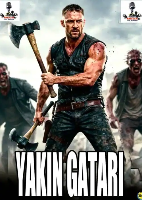 Indian Hausa Films Yakin Gatari movie poster with a man holding an axe, surrounded by zombies. | Arewa Movies TV