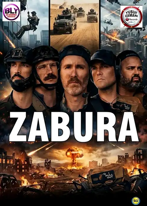 Indian Hausa Films Zabura movie poster with soldiers and explosions, titled 'ZABURA' in bold. | Arewa Movies TV