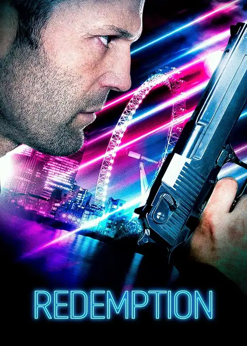 Indian Hausa Films Close-up of a man aiming a gun with a cityscape and neon lights in the background, from the movie '红. | Arewa Movies TV