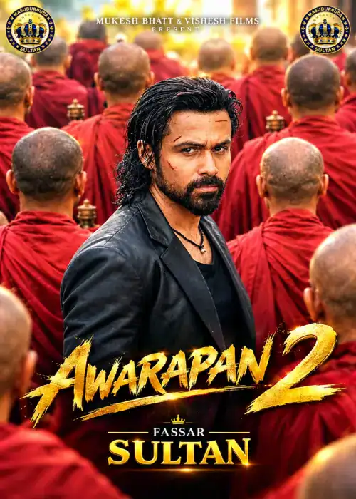Indian Hausa Films Awarapan 2 Fassar Sultan movie poster with a man in black in front of monks in red robes. | Arewa Movies TV