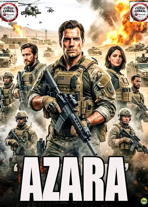 Indian Hausa Films Azara movie poster with soldiers and explosions in the background. | Arewa Movies TV