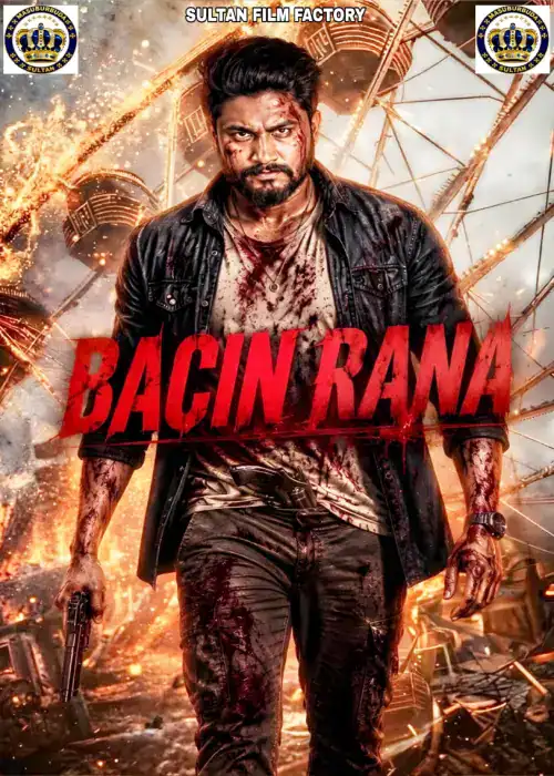 Indian Hausa Films Bacin Rana movie poster with a man holding a gun, in front of a fiery background. | Arewa Movies TV