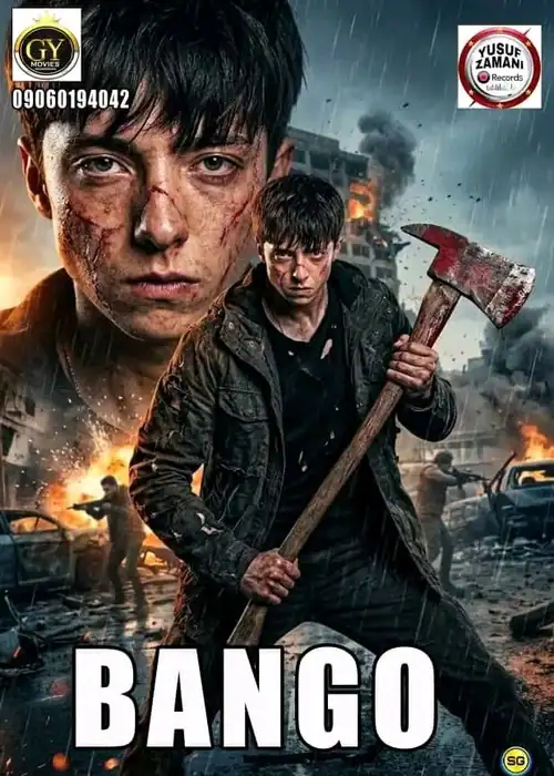 Indian Hausa Films Bango movie poster with two young men in a war-torn city, one holding an axe, rain and destruction. | Arewa Movies TV