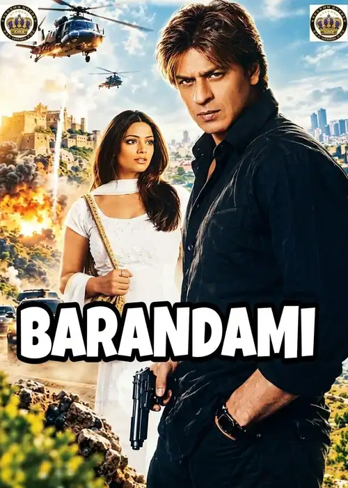Indian Hausa Films Barandami movie poster with a man holding a gun and a woman in white, helicopters flying over a city. | Arewa Movies TV