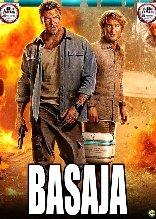 Indian Hausa Films Image from Basaja movie poster with two men holding guns and a cooler, fiery background. | Arewa Movies TV