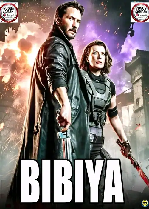 Indian Hausa Films Bibiya movie poster with a man and woman holding guns, city ruins background, Yusuf Zaman Records. | Arewa Movies TV