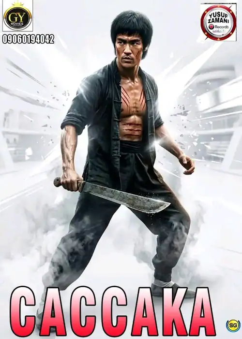 Indian Hausa Films Caccaka movie poster featuring a man with a sword in a fighting stance. | Arewa Movies TV