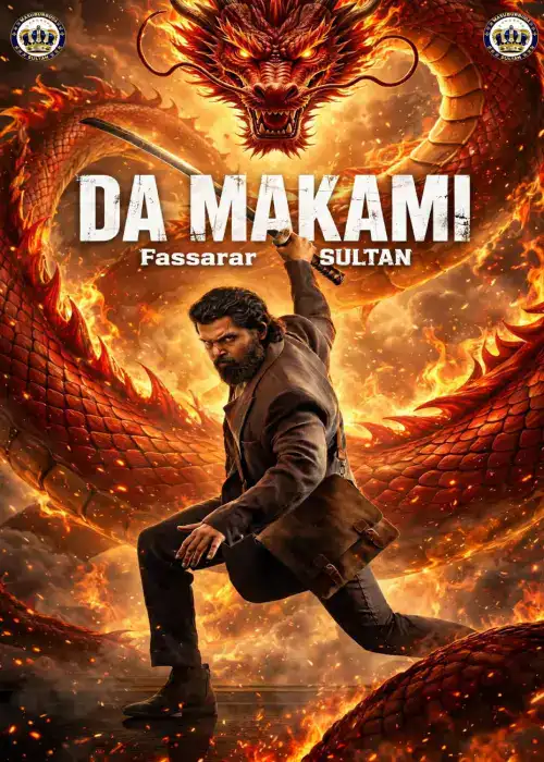 Indian Hausa Films Da Makami Fassarar Sultan movie poster with a man fighting a fiery dragon. | Arewa Movies TV