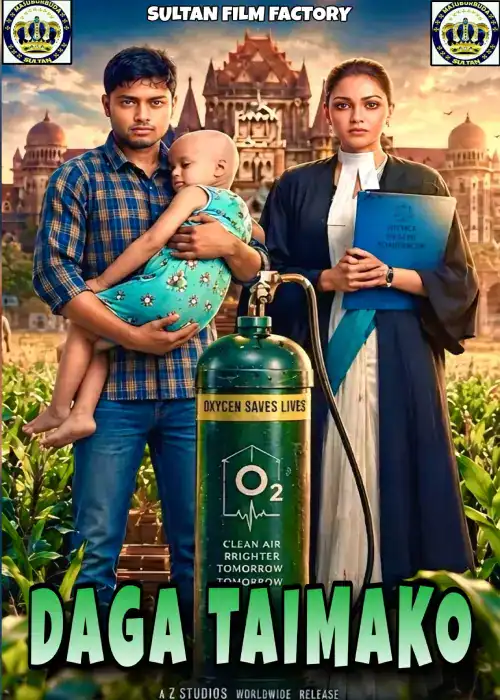 Indian Hausa Films Daga Taimako movie poster with a man, woman, and child in front of a palace. | Arewa Movies TV