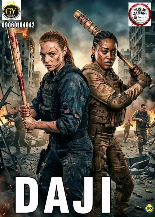 Indian Hausa Films Daji movie poster with two women holding weapons in a destroyed cityscape. | Arewa Movies TV