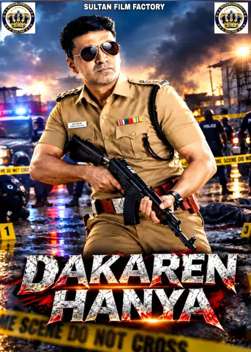 Indian Hausa Films Indian police officer in uniform holding a gun, movie poster for Dakaren Hanya. | Arewa Movies TV