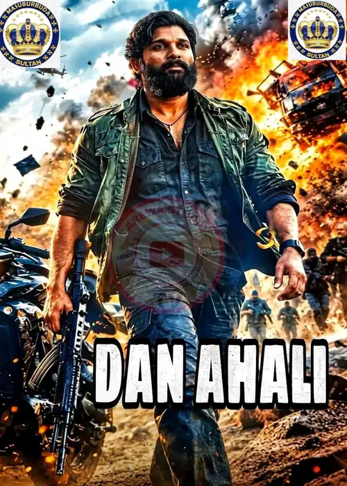 Indian Hausa Films Dan Ahali movie poster with a man holding a gun in a chaotic scene. | Arewa Movies TV