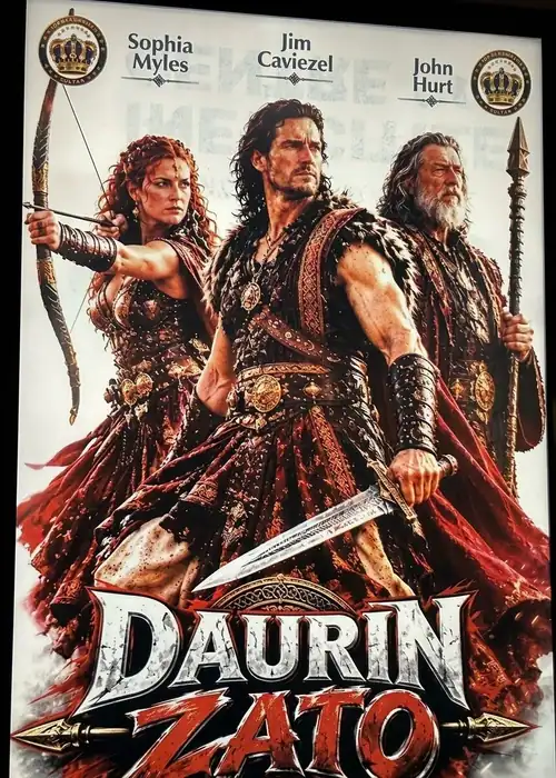 Indian Hausa Films Daurin Zato movie poster featuring three warriors with weapons, including Sophia Myles, Jim Caviezel. | Arewa Movies TV