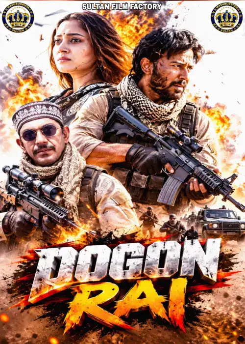 Indian Hausa Films Poster for Dogon Rai featuring three armed characters with explosions in background. | Arewa Movies TV