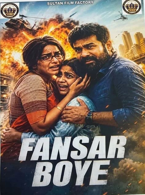 Indian Hausa Films FANSAR BOYE SULTAN movie poster with family in front of explosions and cityscape. | Arewa Movies TV