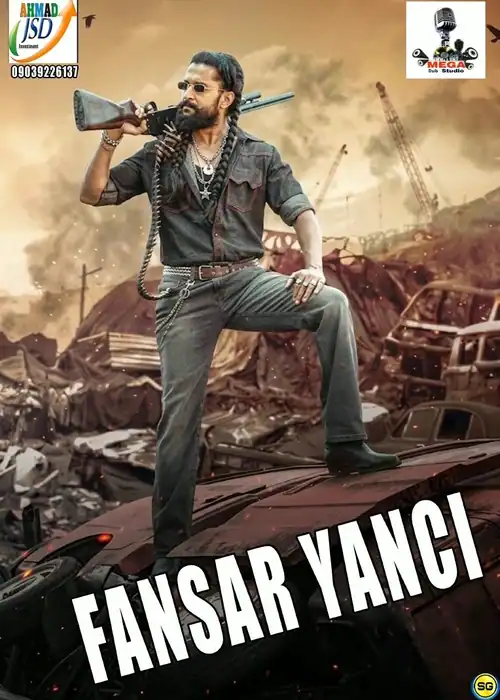 Indian Hausa Films Fansar Yanci movie poster with a man holding a rifle in a destroyed cityscape. | Arewa Movies TV