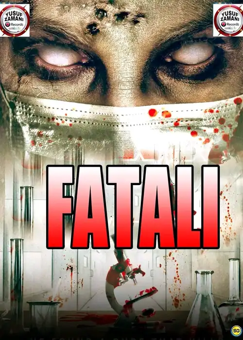 Indian Hausa Films Close-up of a horror movie poster with a masked face and blood splatters, titled 'FATALI' in bold. | Arewa Movies TV