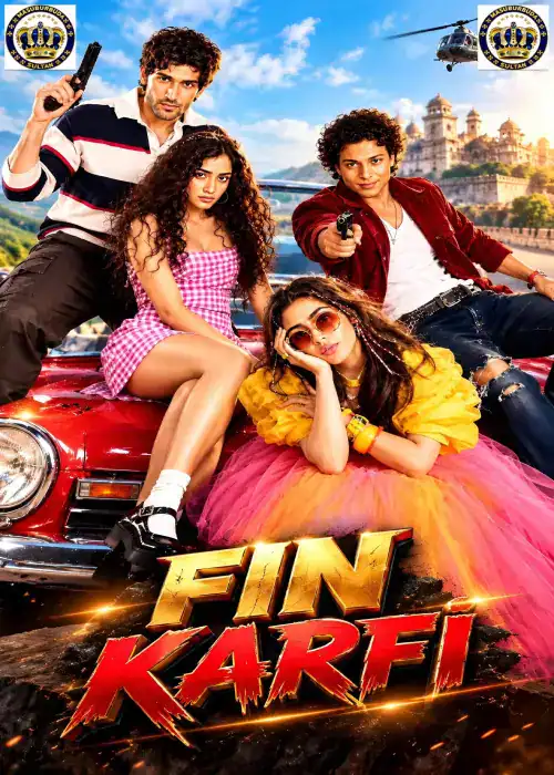 Indian Hausa Films Poster for Indian Hausa film Fin Karfi featuring four young characters with guns and a palace in the. | Arewa Movies TV