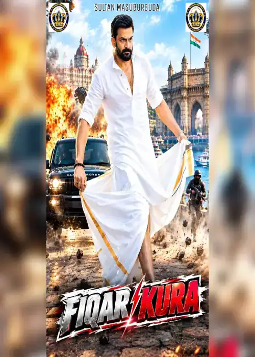 Indian Hausa Films Fiar Kura movie poster with a man in white traditional attire in front of Mumbai landmarks. | Arewa Movies TV