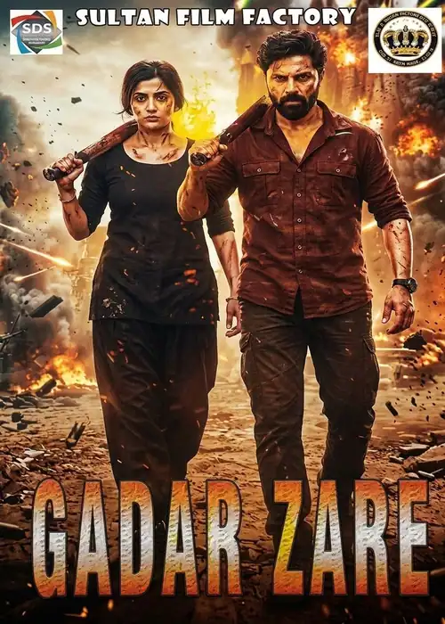 Indian Hausa Films Gadar Zare movie poster with two characters holding weapons amid explosions. | Arewa Movies TV