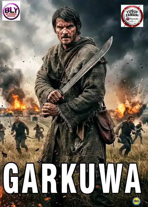 Indian Hausa Films GARKUWA YUSUF ZAMANI movie poster with a man holding a sword in a battlefield. | Arewa Movies TV