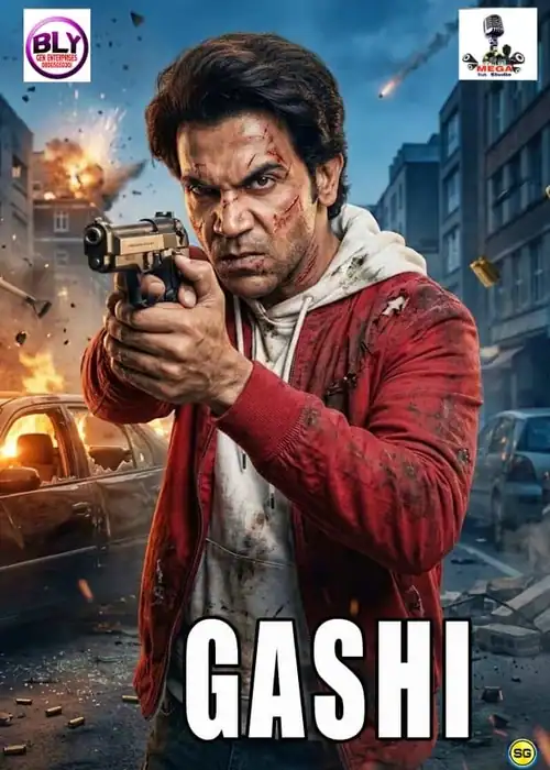 Indian Hausa Films Gashi movie poster showing a man with a gun in a city street scene. | Arewa Movies TV