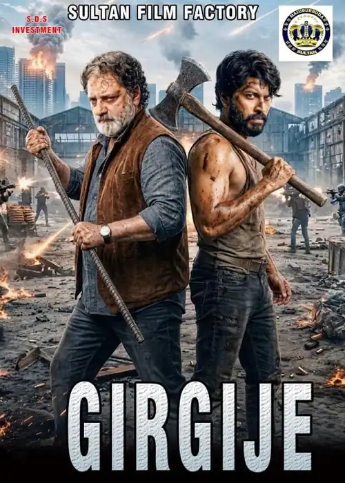 Indian Hausa Films GIRGIJE SULTAN film poster with two men holding weapons in a cityscape. | Arewa Movies TV