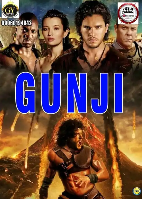 Indian Hausa Films GUNJI movie poster with five characters and erupting volcano in background. | Arewa Movies TV