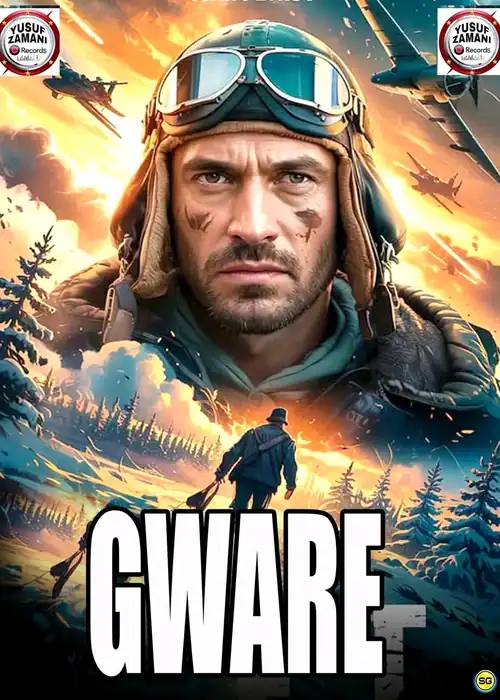 Indian Hausa Films GWARE movie poster featuring a soldier with goggles and a serious expression, with helicopters and a. | Arewa Movies TV