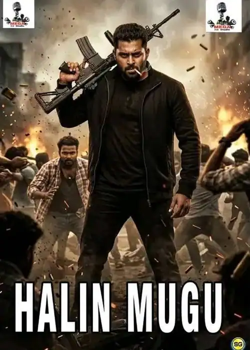 Indian Hausa Films Main character holding a rifle in front of chaos scene from Halin Mugu movie poster. | Arewa Movies TV