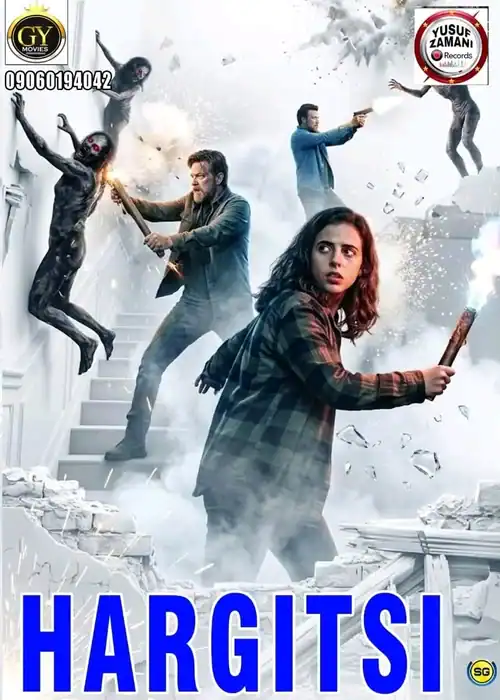 Indian Hausa Films Hargitsi poster featuring a woman in plaid jacket wielding a bat, surrounded by men fighting on a cr. | Arewa Movies TV