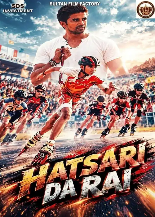 Indian Hausa Films Hatsari Darai movie poster with a man and children roller skating at a race track. | Arewa Movies TV