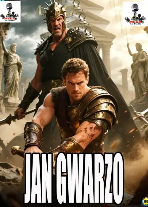 Indian Hausa Films Jan Gwarzo movie poster with two warriors in ancient armor, one with a spiked helmet, in a ruined,古代. | Arewa Movies TV