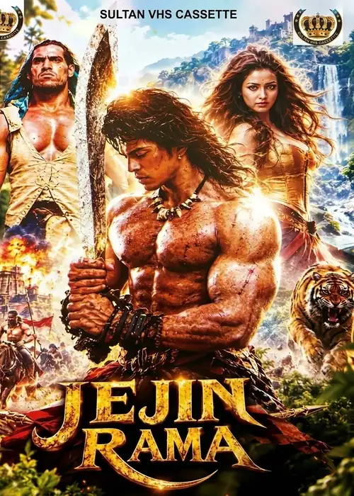 Indian Hausa Films Jeejin Rama movie poster with muscular warrior woman, man, tiger, and woman in background. | Arewa Movies TV
