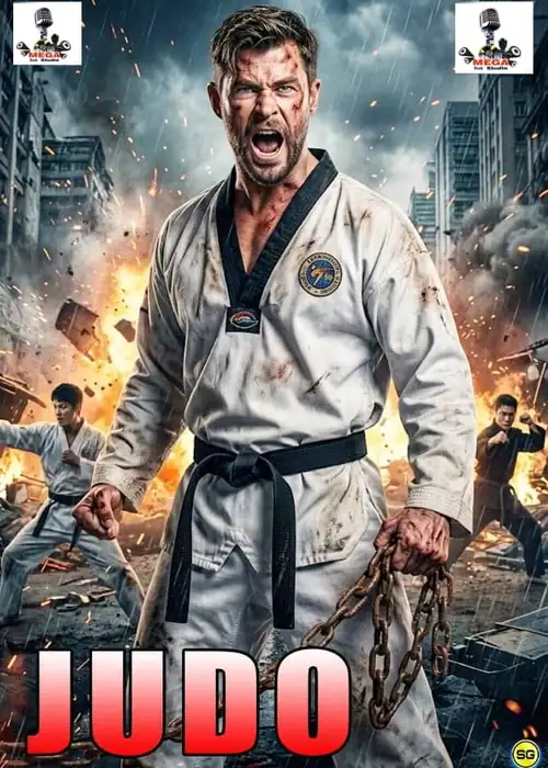 Indian Hausa Films Judo movie poster with a martial artist in a white gi in a city explosion scene. | Arewa Movies TV