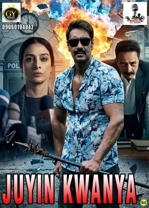 Indian Hausa Films Poster for Juyin Kanya with three main characters in front of an explosion. | Arewa Movies TV