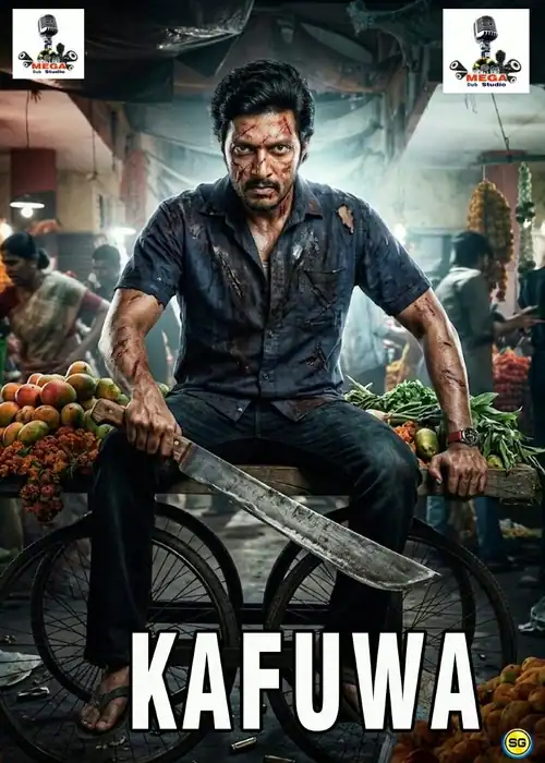 Indian Hausa Films Kafuwa movie poster featuring a man with a machete in a market scene. | Arewa Movies TV