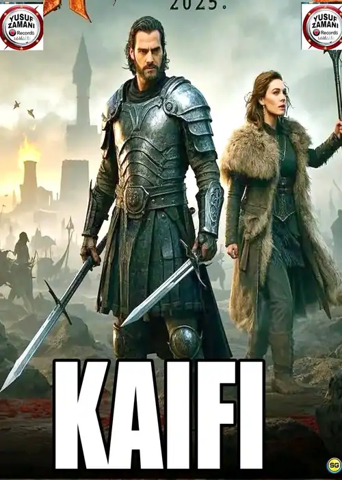 Indian Hausa Films Kaifi movie poster featuring a male warrior with a sword and a female character with a spear, set in. | Arewa Movies TV