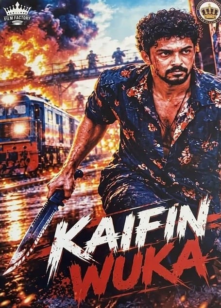 Indian Hausa Films Kaifin Wuka movie poster with a man holding a knife, train, and fire in the background. | Arewa Movies TV